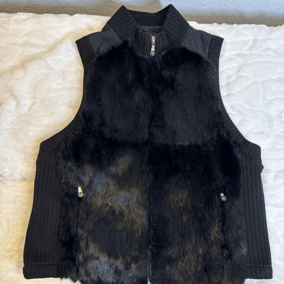 Jamie Sadock Womens Black Fur Front Acrylic Knit Trim Sleeveless Full Zip Vest M - Picture 1 of 9